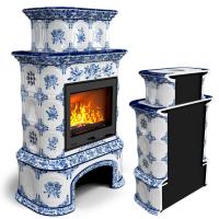 КимрПечь Изразцовая печь для дома Прованс с дровником пристенный двухъярусный Дельфт (топка: Ладья-700)