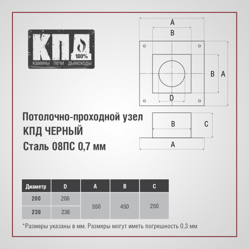 КПД ЧЕРНЫЙ Потолочно проходной узел 450х450 ф230 под сэндвич